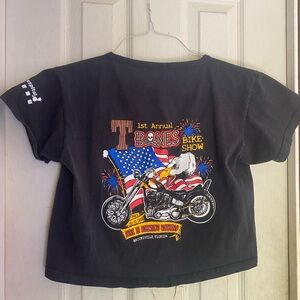 VTG Black Crop Baby Tee with Bones Patriotic Motorcycle Graphic